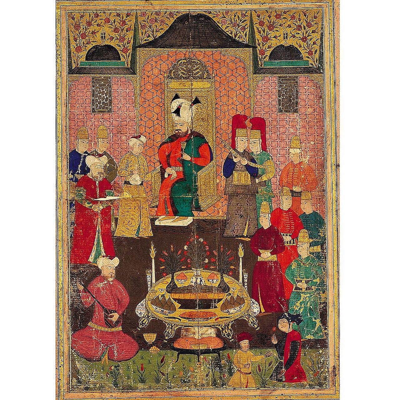An Ottoman miniature depicting Sultan Murad IV dining with members of his court