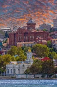 Fener neighborhood and Bulgarian St Stephen Church beside the Golden Horn in Istanbul